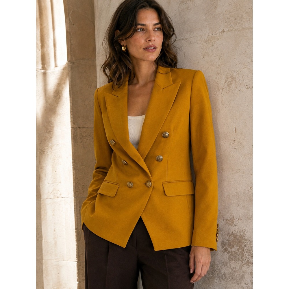 Banana Republic Captain's Blazer Double Breasted Gold Crest Buttons Mustard 8